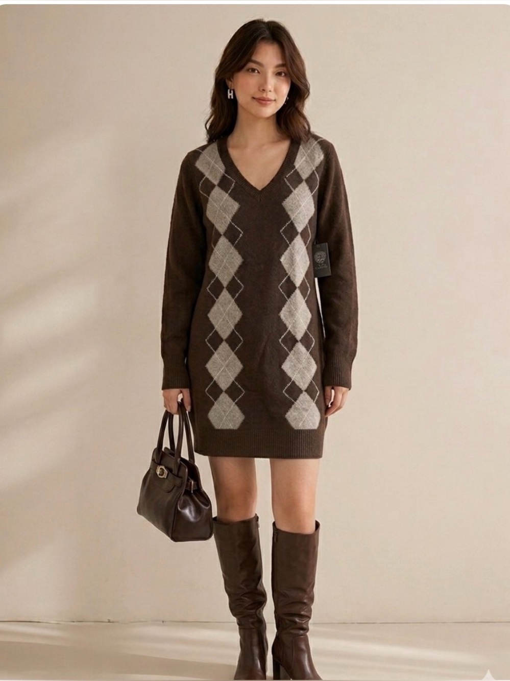 Vince Camuto Brown Argyle Knit Midi Dress